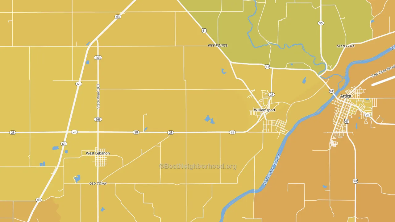 Map of the best neighborhoods in the Williamsport area, with better matches in green and worse matches in red