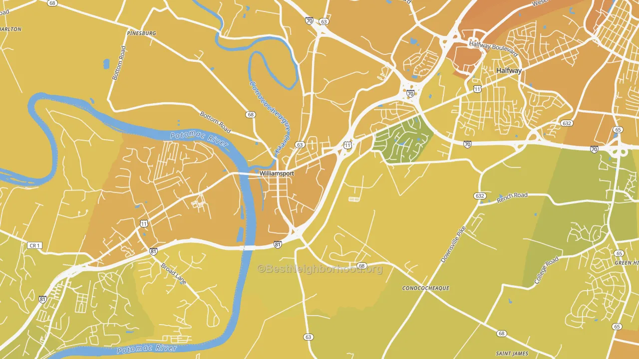 Map of the best neighborhoods in the Williamsport area, with better matches in green and worse matches in red