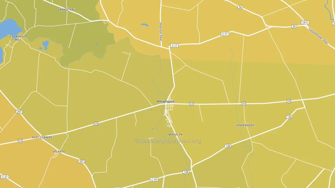Map of the best neighborhoods in the Williamsport area, with better matches in green and worse matches in red
