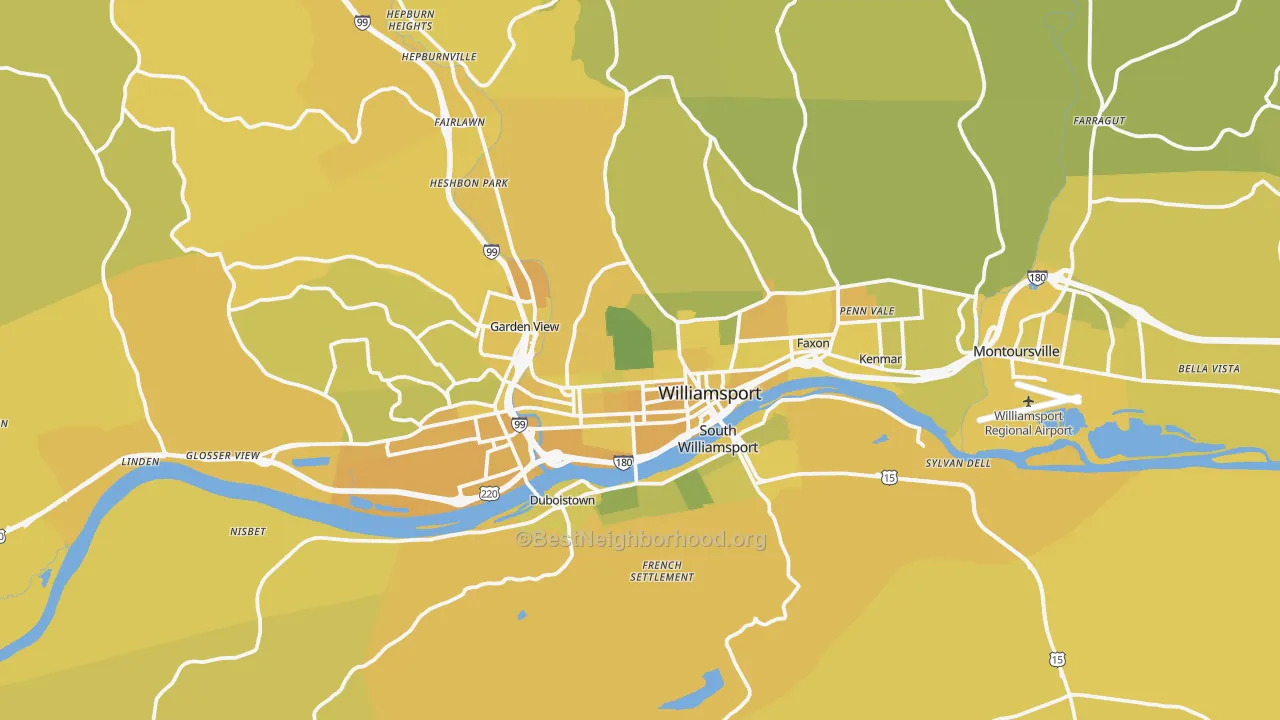Map of the best neighborhoods in the Williamsport Metro area, with better matches in green and worse matches in red
