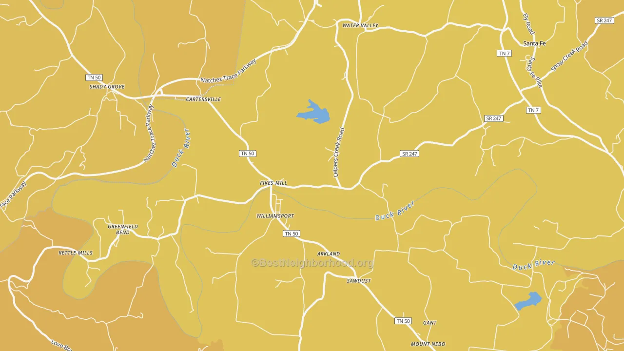 Map of the best neighborhoods in the Williamsport area, with better matches in green and worse matches in red