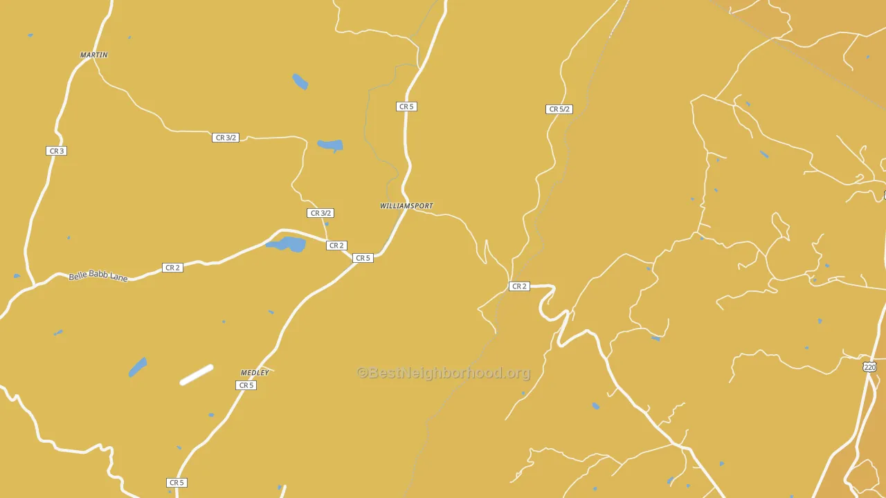 Map of the best neighborhoods in the Williamsport area, with better matches in green and worse matches in red