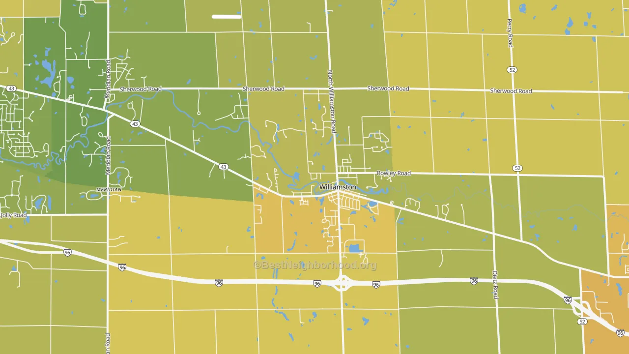 Map of the best neighborhoods in the Williamston area, with better matches in green and worse matches in red