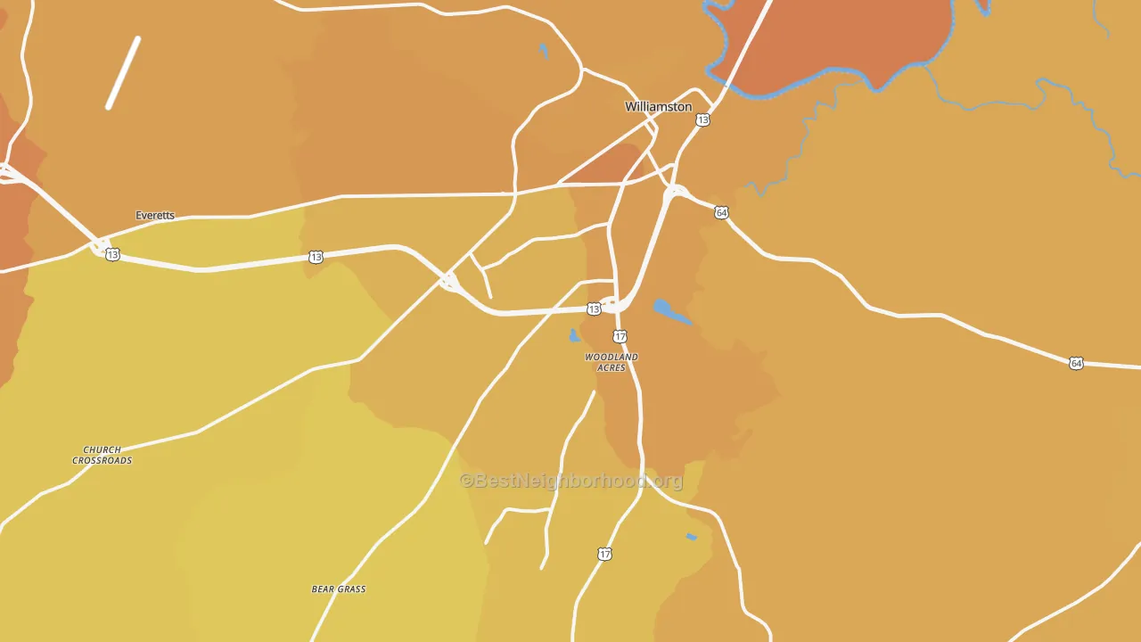 Map of the best neighborhoods in the Williamston area, with better matches in green and worse matches in red