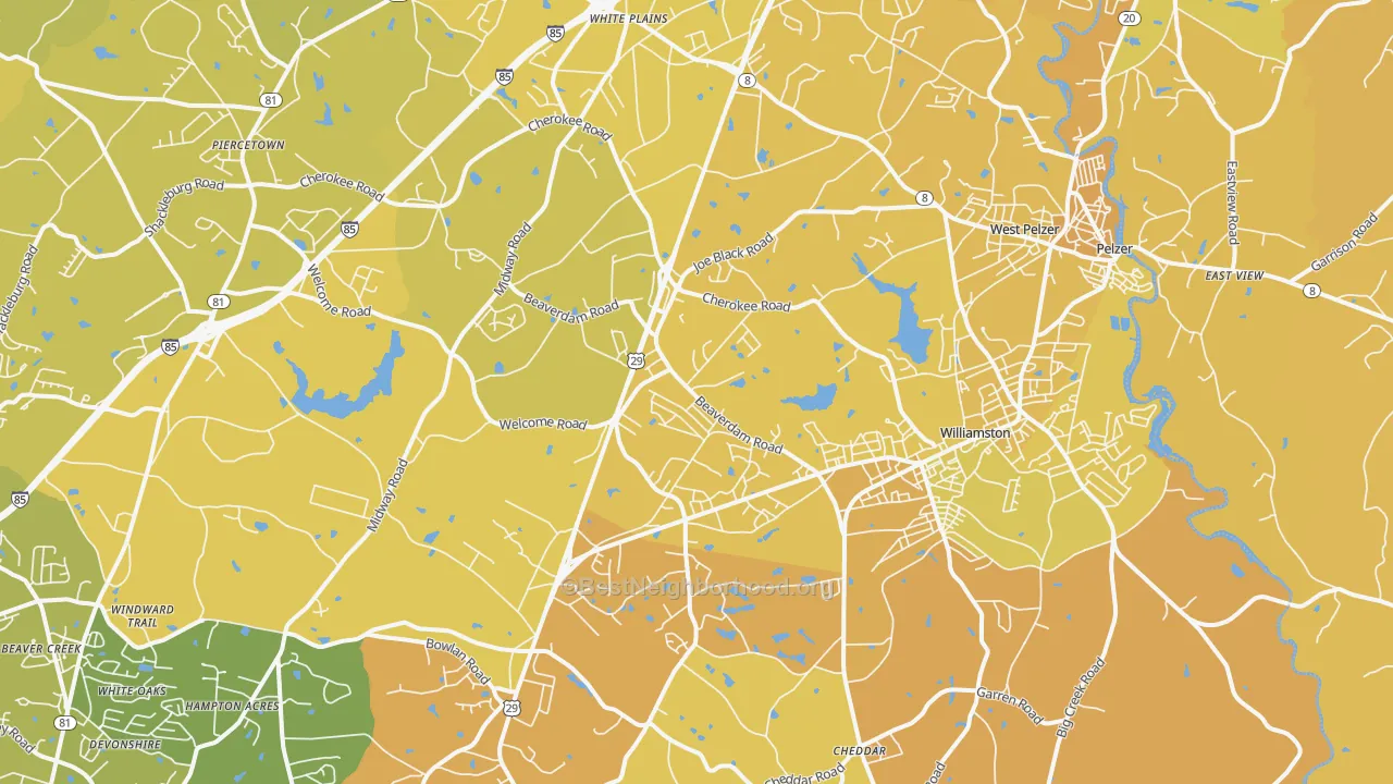 Map of the best neighborhoods in the Williamston area, with better matches in green and worse matches in red