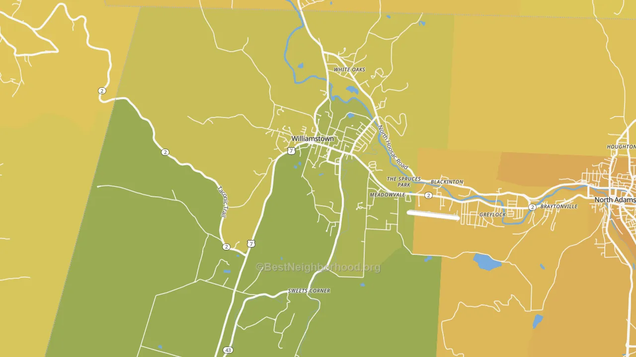 Map of the best neighborhoods in the Williamstown area, with better matches in green and worse matches in red