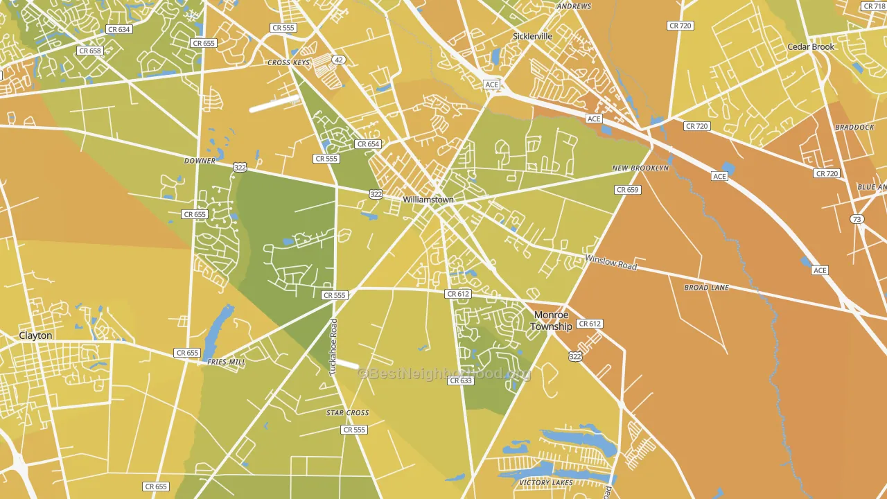 Map of the best neighborhoods in the Williamstown area, with better matches in green and worse matches in red