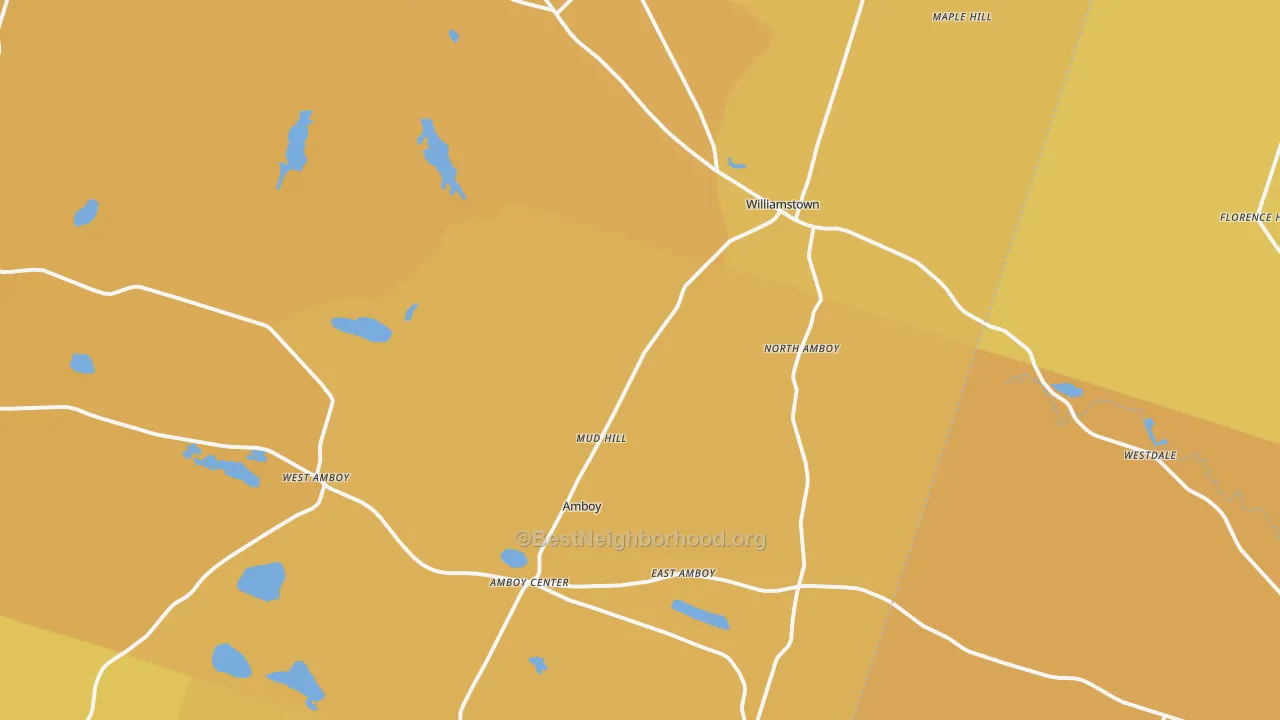 Map of the best neighborhoods in the Williamstown area, with better matches in green and worse matches in red