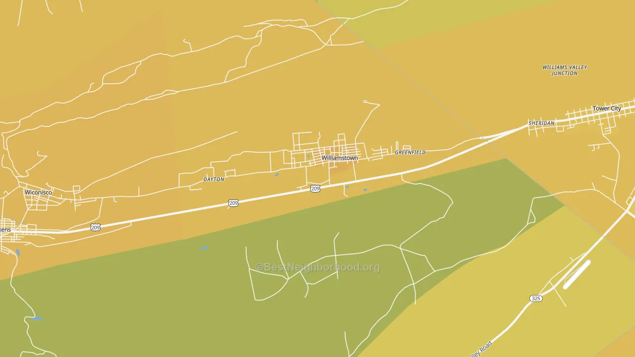Map of the best neighborhoods in the Williamstown area, with better matches in green and worse matches in red