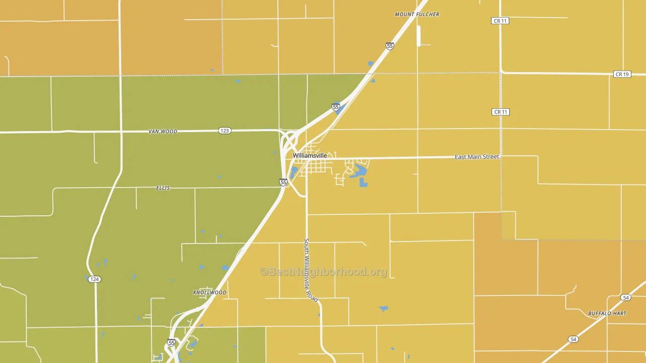Map of the best neighborhoods in the Williamsville area, with better matches in green and worse matches in red