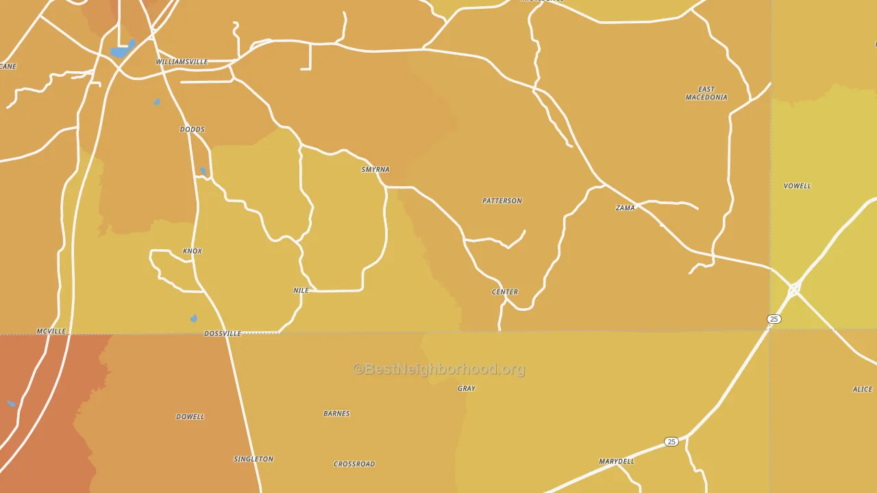 Map of the best neighborhoods in the Williamsville area, with better matches in green and worse matches in red
