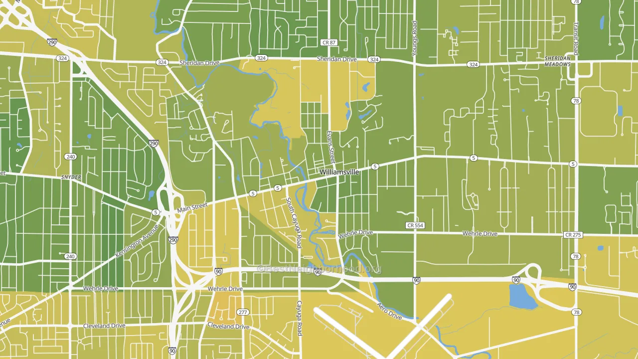 Map of the best neighborhoods in the Williamsville area, with better matches in green and worse matches in red