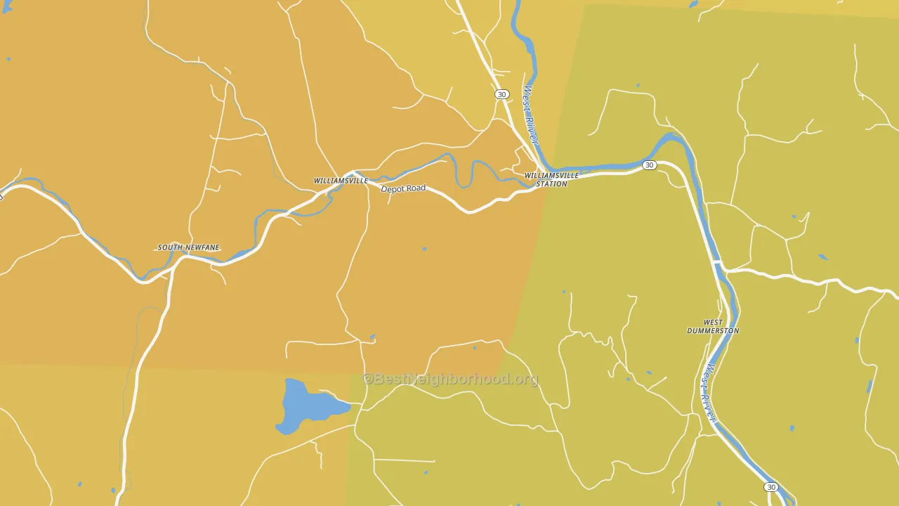 Map of the best neighborhoods in the Williamsville area, with better matches in green and worse matches in red