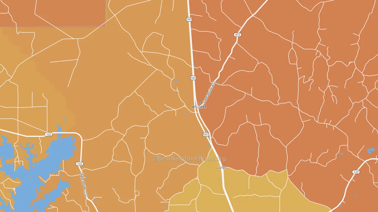 Map of the best neighborhoods in the Williana area, with better matches in green and worse matches in red