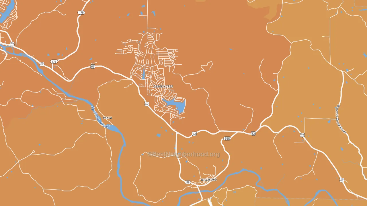 Map of the best neighborhoods in the Williford area, with better matches in green and worse matches in red