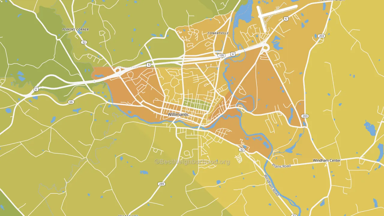 Map of the best neighborhoods in the Willimantic area, with better matches in green and worse matches in red