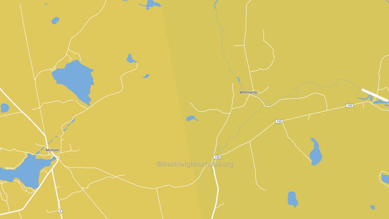 Map of the best neighborhoods in the Willimantic area, with better matches in green and worse matches in red