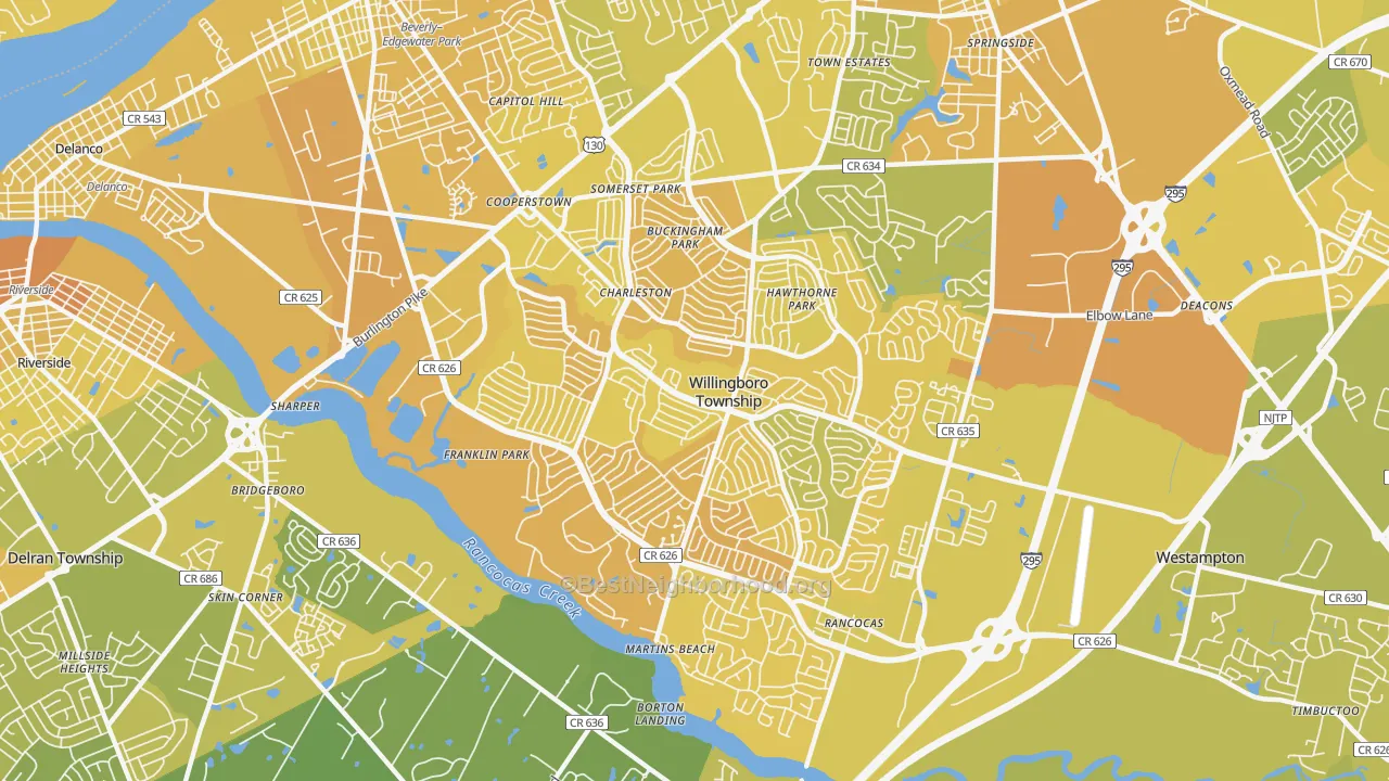 Map of the best neighborhoods in the Willingboro area, with better matches in green and worse matches in red