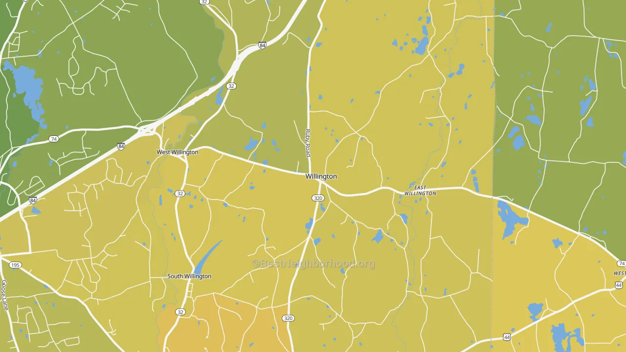 Map of the best neighborhoods in the Willington area, with better matches in green and worse matches in red