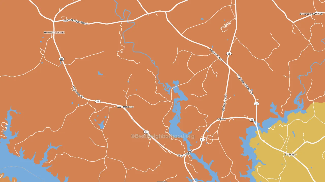 Map of the best neighborhoods in the Willington area, with better matches in green and worse matches in red