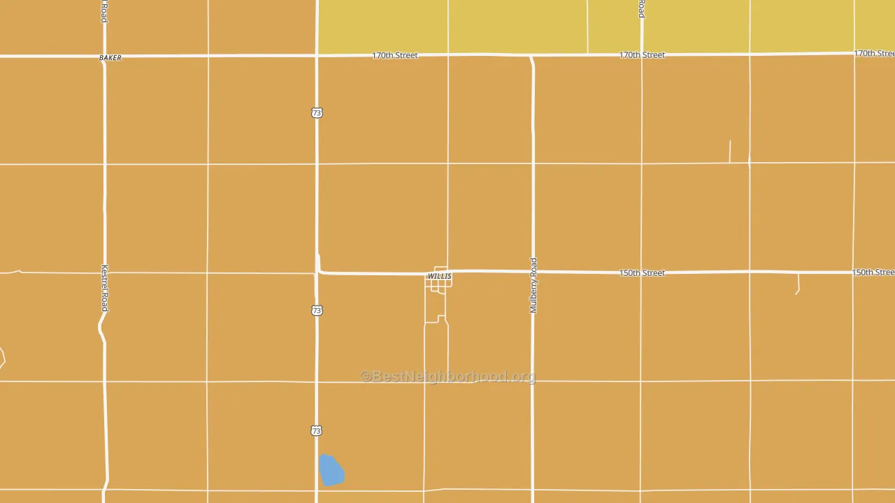 Map of the best neighborhoods in the Willis area, with better matches in green and worse matches in red
