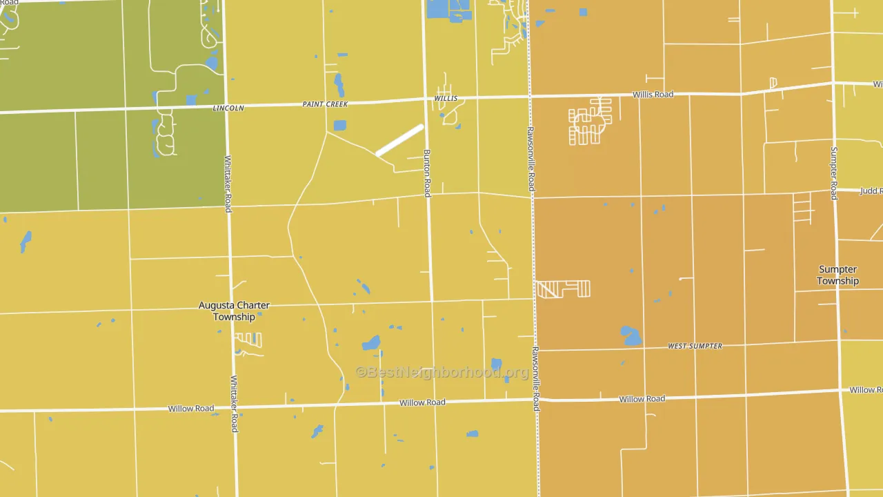 Map of the best neighborhoods in the Willis area, with better matches in green and worse matches in red