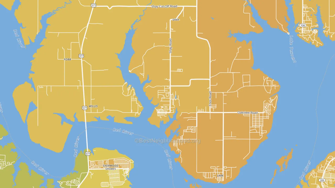 Map of the best neighborhoods in the Willis area, with better matches in green and worse matches in red