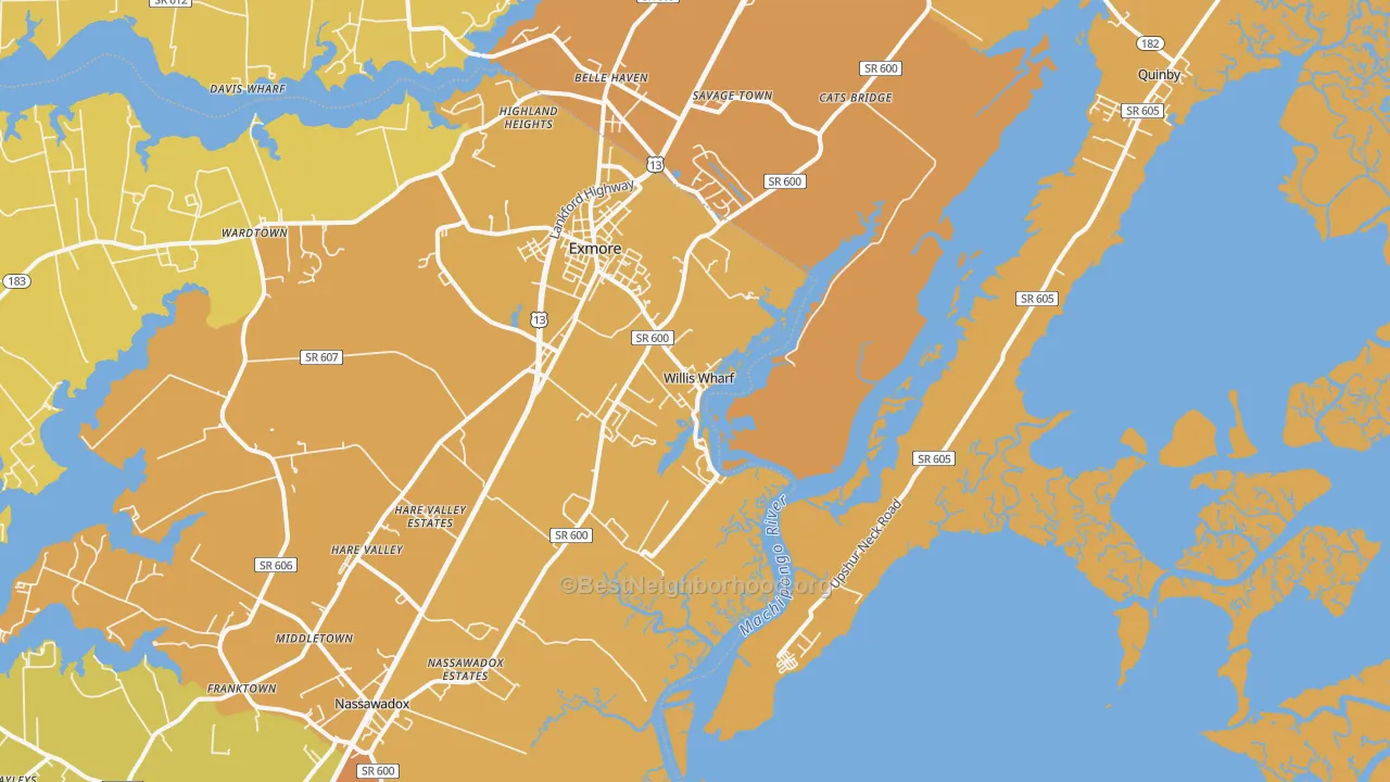 Map of the best neighborhoods in the Willis Wharf area, with better matches in green and worse matches in red