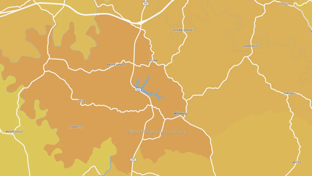 Map of the best neighborhoods in the Willisburg area, with better matches in green and worse matches in red