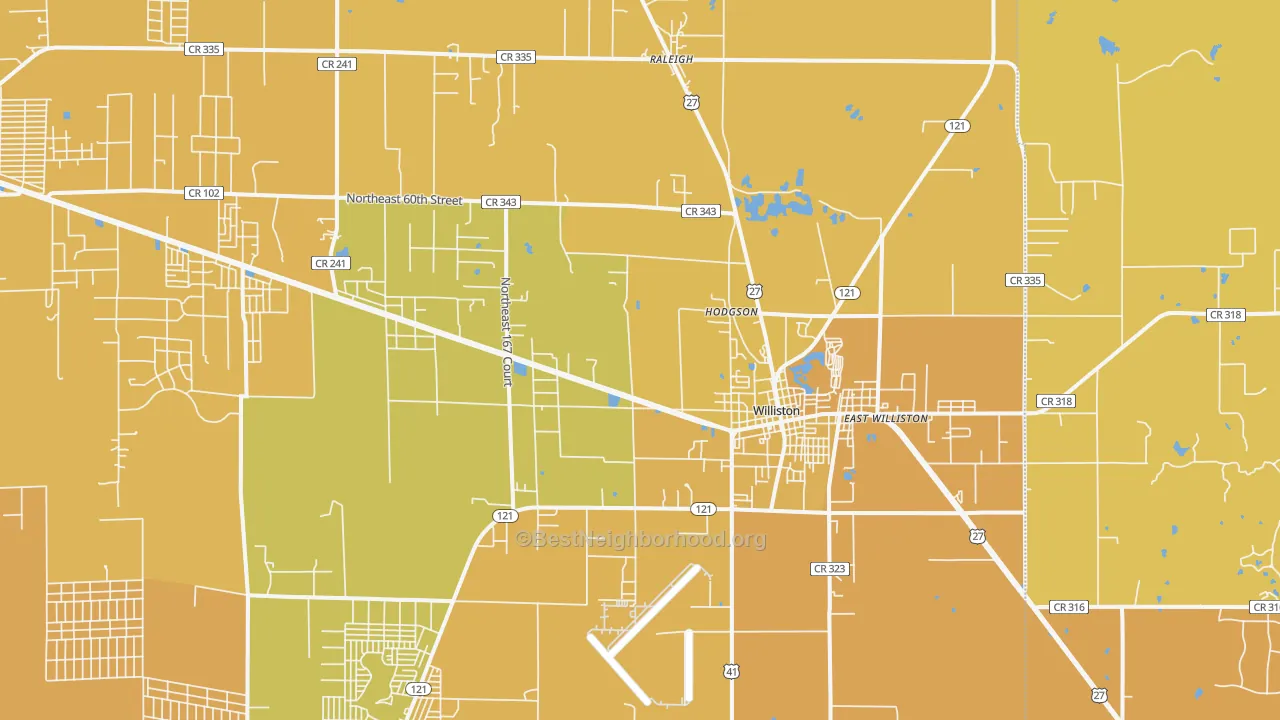 Map of the best neighborhoods in the Williston area, with better matches in green and worse matches in red