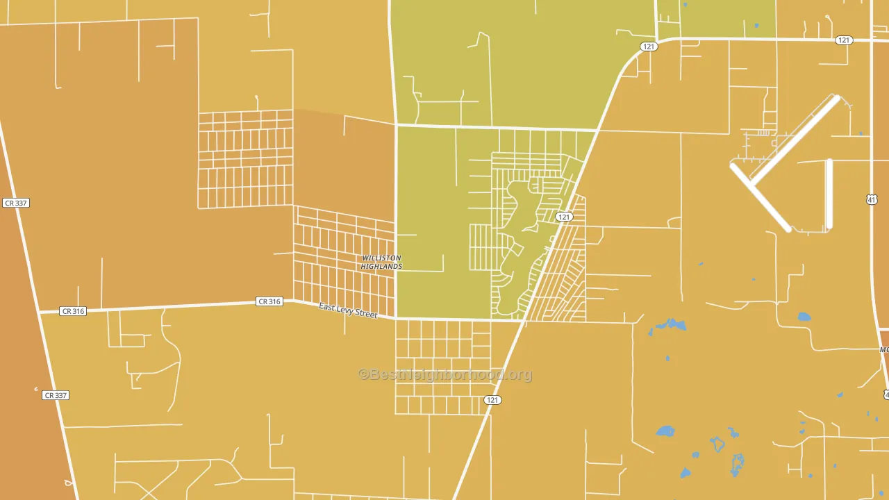 Map of the best neighborhoods in the Williston Highlands area, with better matches in green and worse matches in red