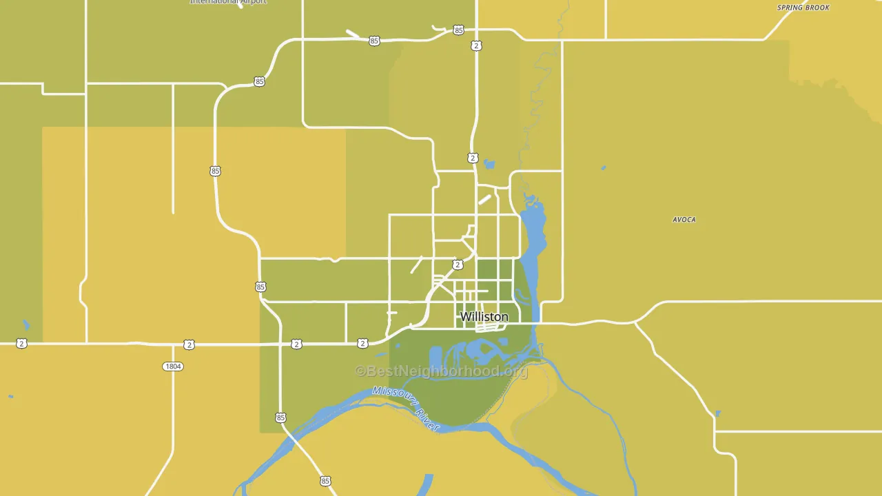Map of the best neighborhoods in the Williston area, with better matches in green and worse matches in red