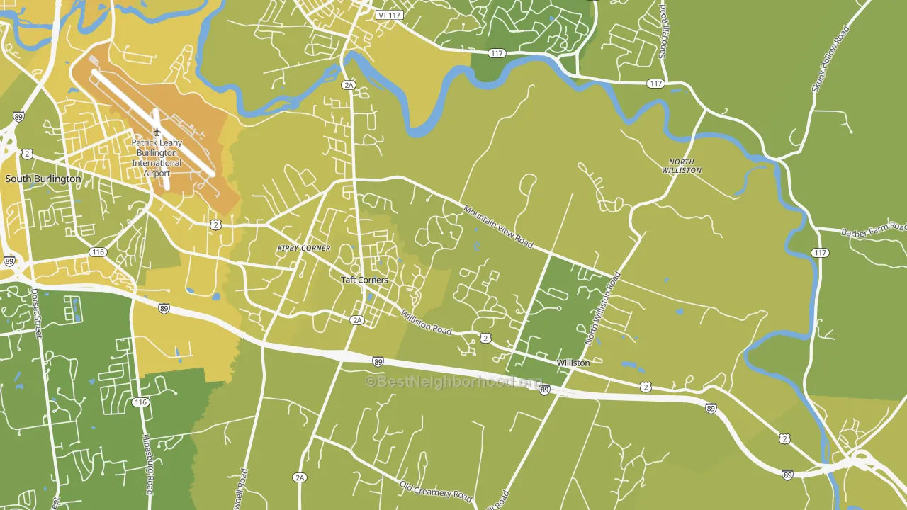 Map of the best neighborhoods in the Williston North, Williston area, with better matches in green and worse matches in red