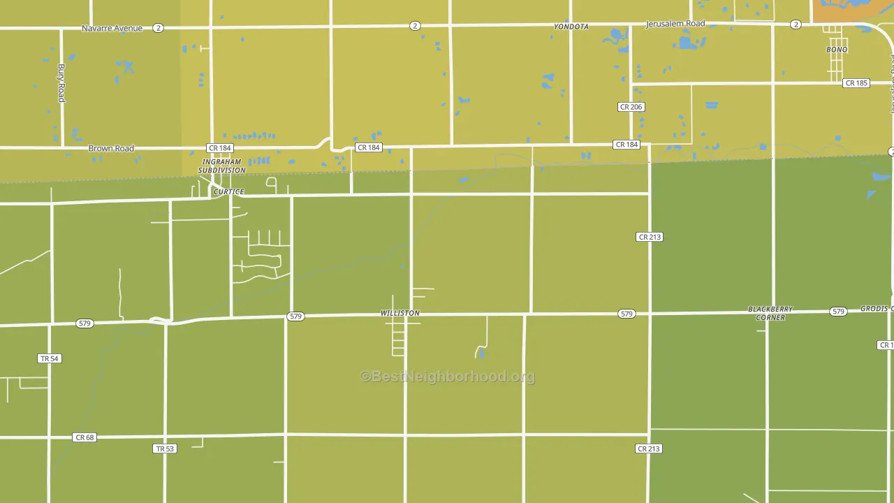 Map of the best neighborhoods in the Williston area, with better matches in green and worse matches in red