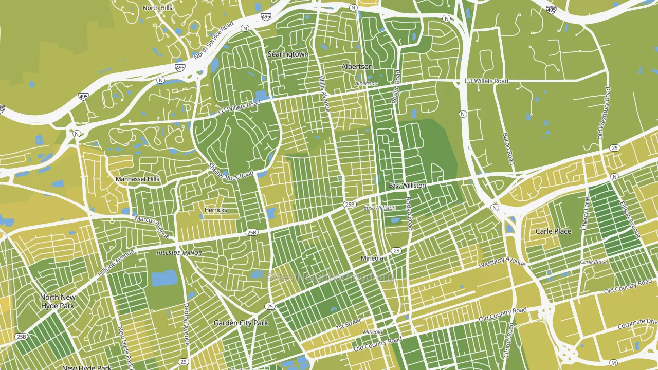 Map of the best neighborhoods in the Williston Park area, with better matches in green and worse matches in red