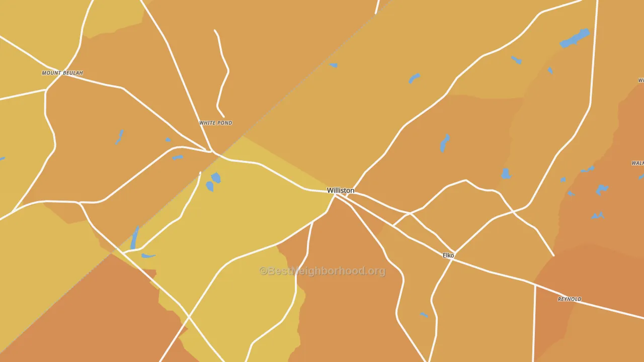 Map of the best neighborhoods in the Williston area, with better matches in green and worse matches in red