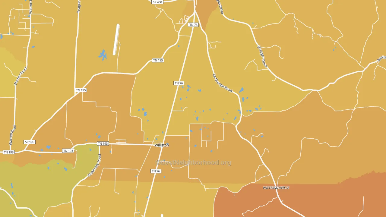 Map of the best neighborhoods in the Williston area, with better matches in green and worse matches in red
