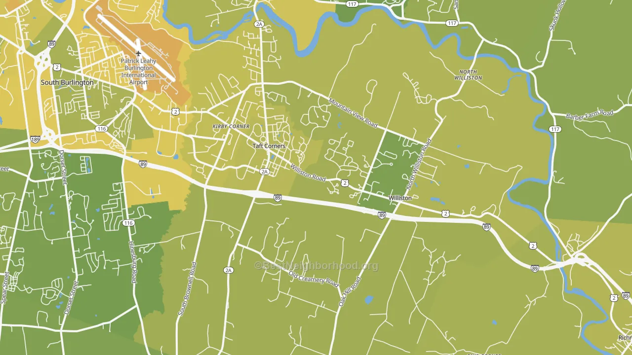 Map of the best neighborhoods in the Williston area, with better matches in green and worse matches in red