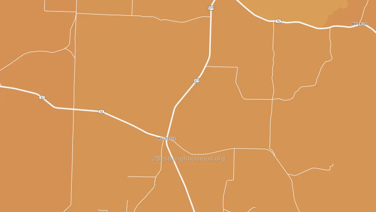 Map of the best neighborhoods in the Willisville area, with better matches in green and worse matches in red