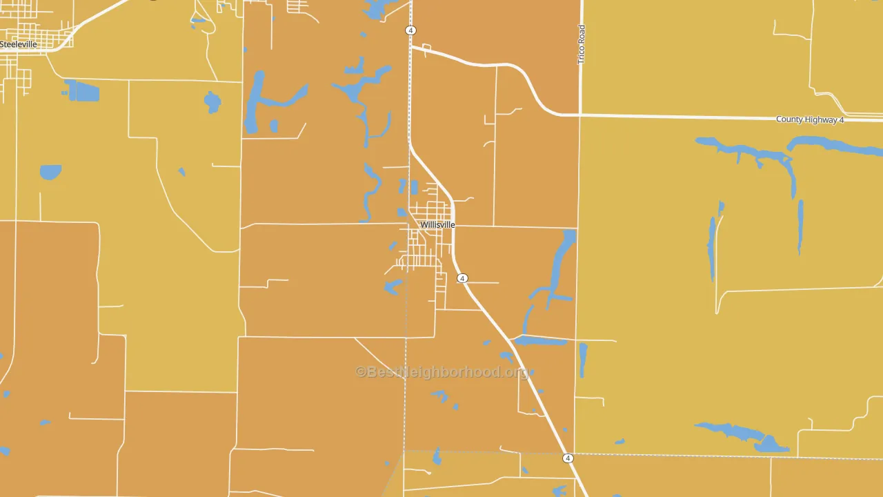Map of the best neighborhoods in the Willisville area, with better matches in green and worse matches in red
