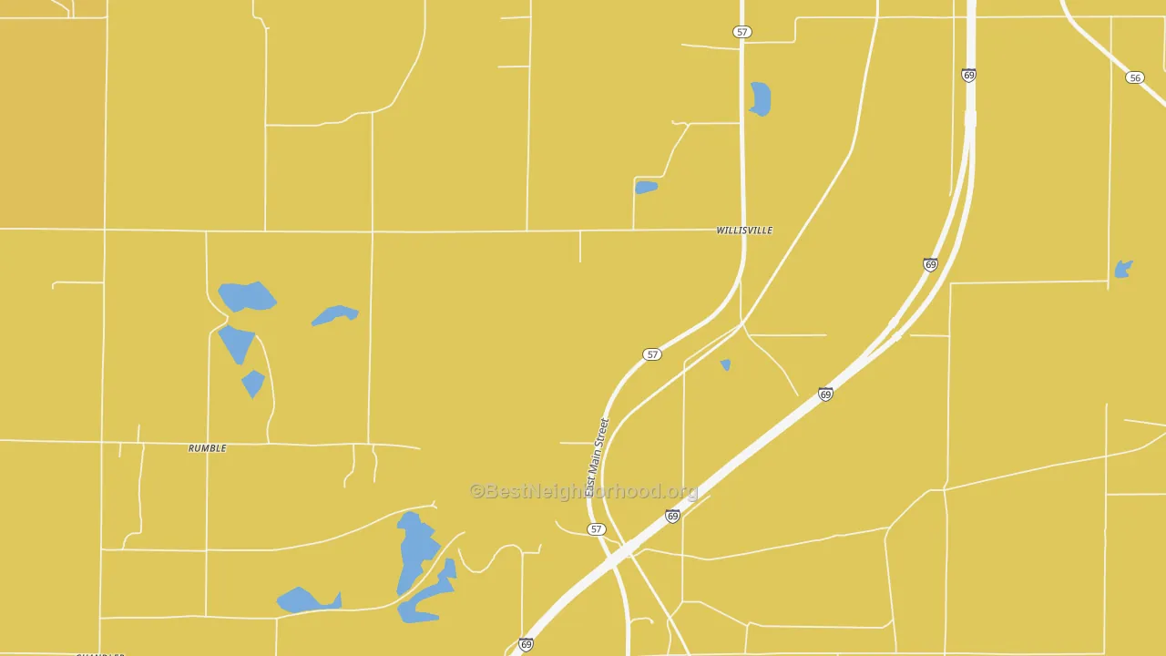 Map of the best neighborhoods in the Willisville area, with better matches in green and worse matches in red