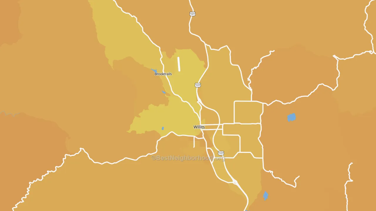 Map of the best neighborhoods in the Willits area, with better matches in green and worse matches in red
