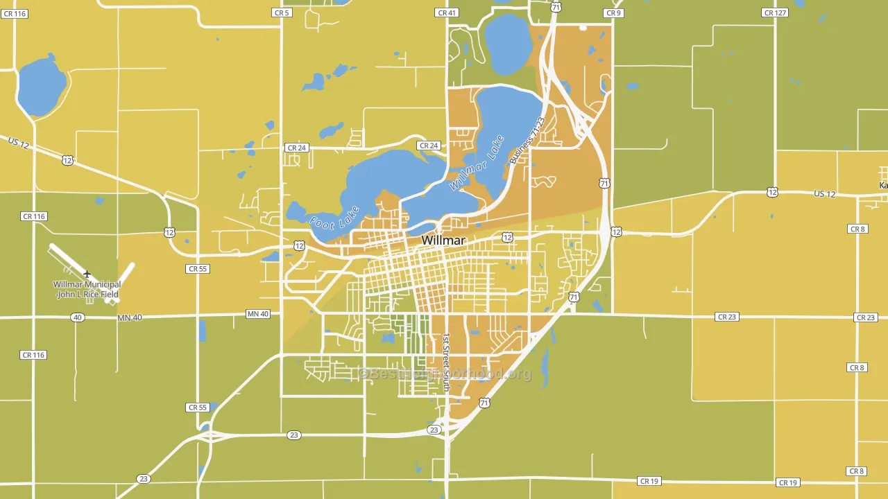 Map of the best neighborhoods in the Willmar area, with better matches in green and worse matches in red