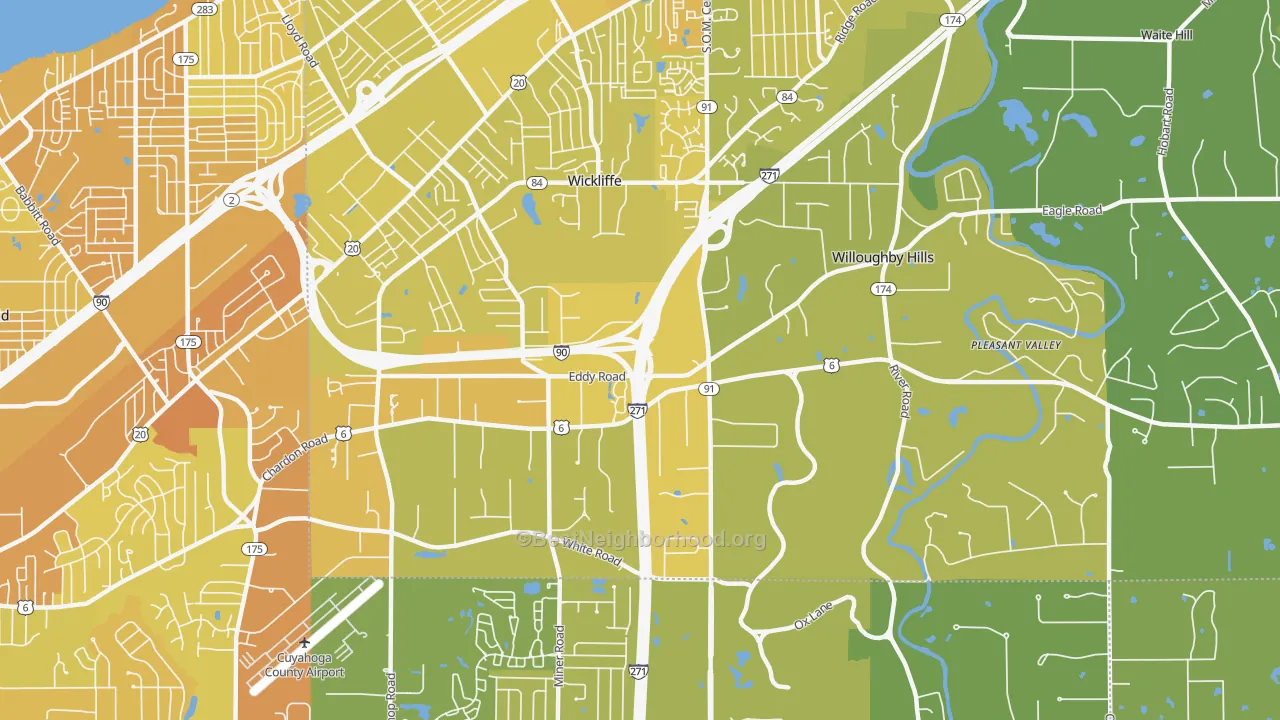 Map of the best neighborhoods in the Willoughby Hills area, with better matches in green and worse matches in red