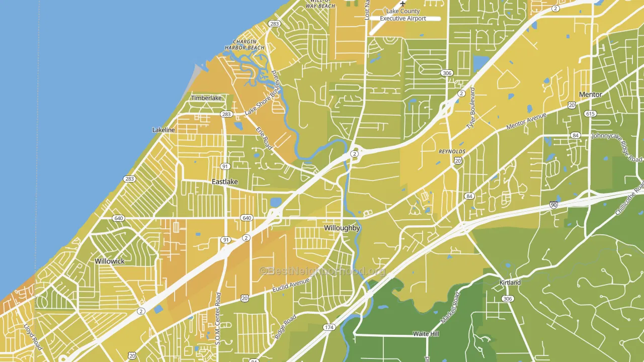 Map of the best neighborhoods in the Willoughby area, with better matches in green and worse matches in red