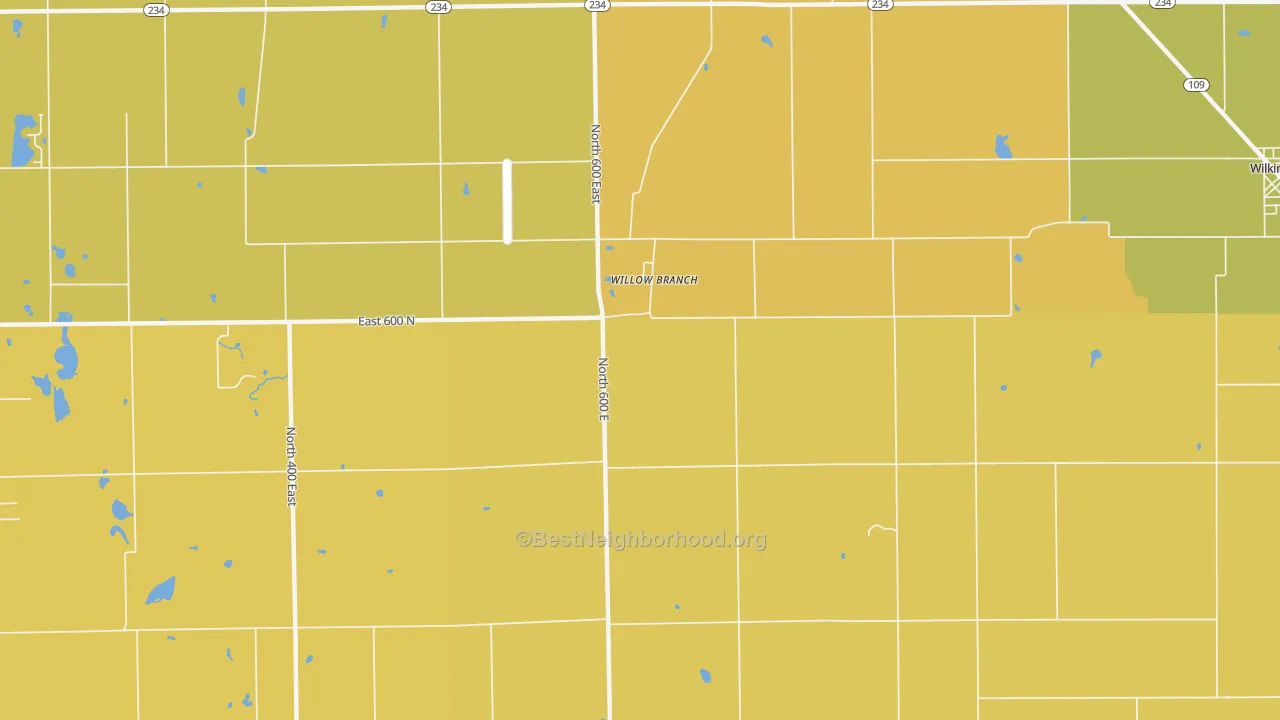 Map of the best neighborhoods in the Willow Branch area, with better matches in green and worse matches in red