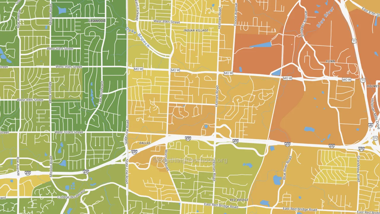 Map of the best neighborhoods in the Willow Creek, Kansas City area, with better matches in green and worse matches in red