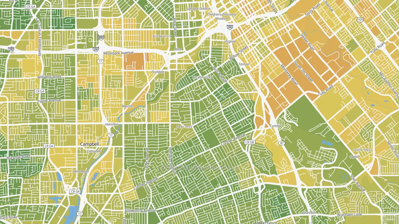 Map of the best neighborhoods in the Willow Glen, San Jose area, with better matches in green and worse matches in red