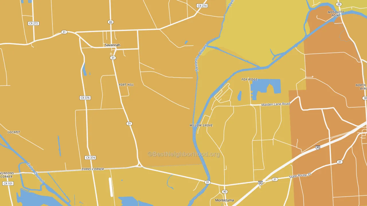 Map of the best neighborhoods in the Willow Grove area, with better matches in green and worse matches in red