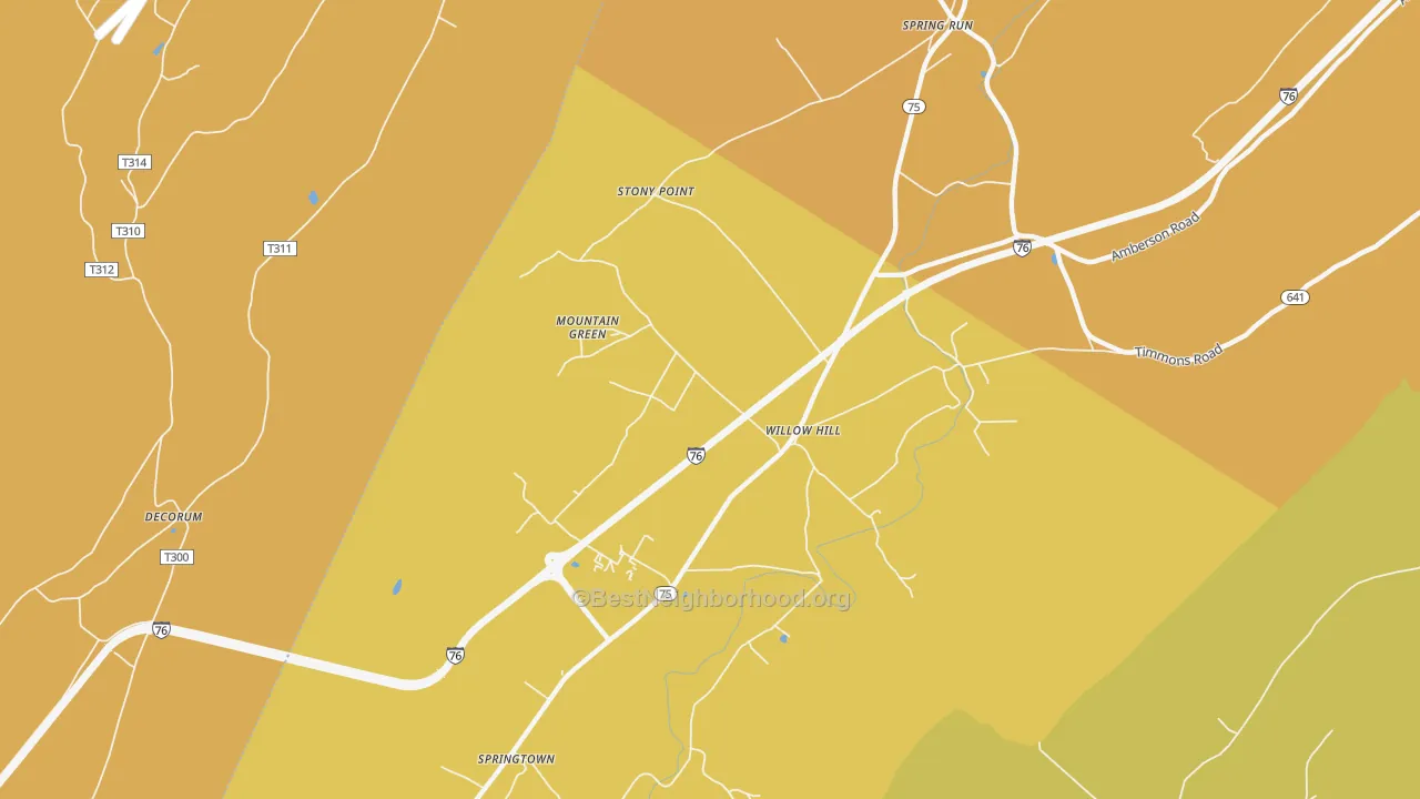 Map of the best neighborhoods in the Willow Hill area, with better matches in green and worse matches in red
